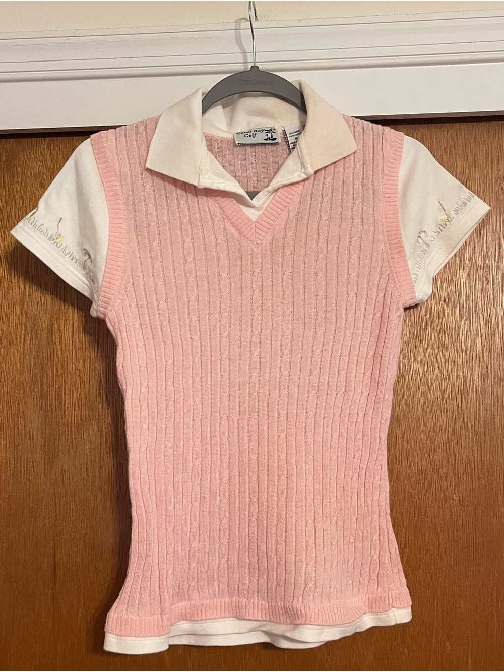 Coral Bay Pink Cable Knit Short Sale Polo Top